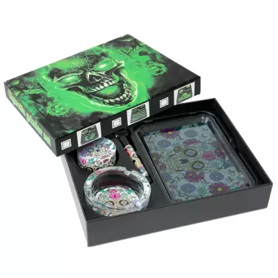 Set (tava rulat+scrumiera sticla+grinder+mini pipa) Calavera / Toro