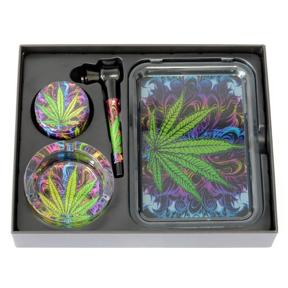 Set (tava rulat+scrumiera sticla+grinder+mini pipa) Leaf / Toro
