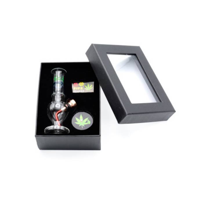 Set (bong sticla 12cm+site+grinder) Round Happy Leaf / Toro