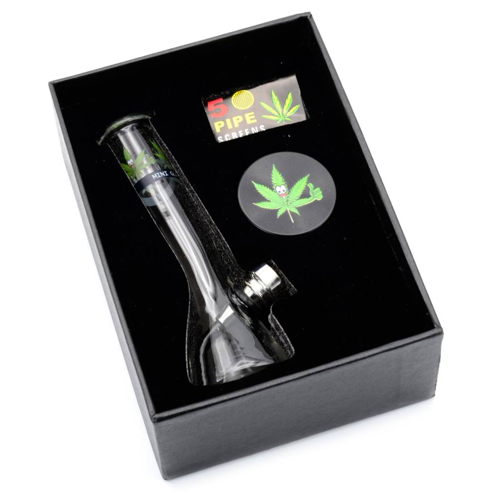 Set (bong sticla 12cm+site+grinder) Happy Leaf / Toro