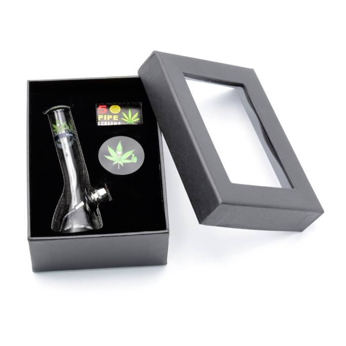 Set (bong sticla 12cm+site+grinder) Happy Leaf / Toro